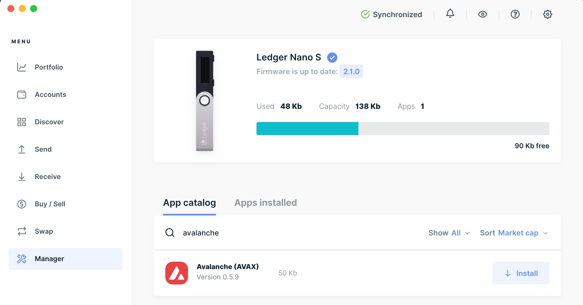 Avalanche Ledger app install button